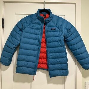 Used Patagonia Kids' Teal and Red Puffer Jacket(Like New)